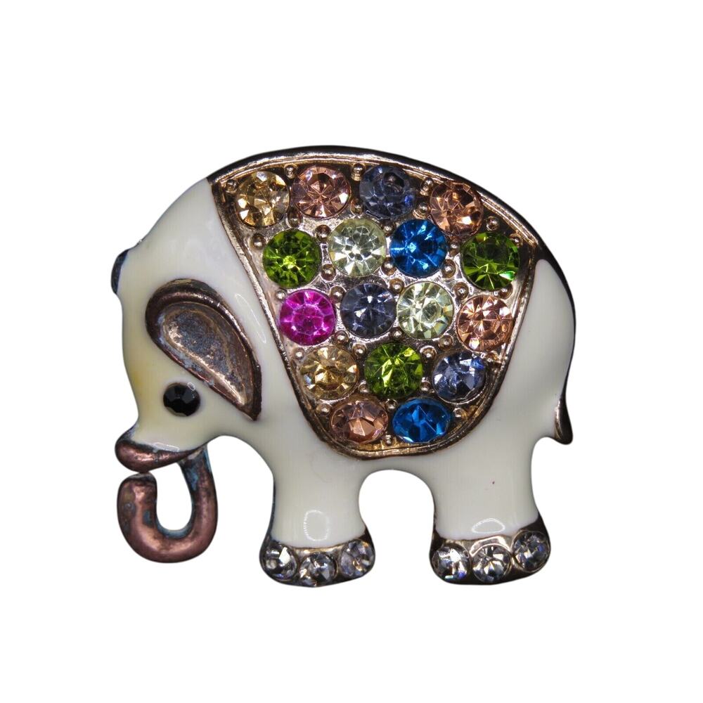 Vintage Brooch Elephant Enamel Pin Gold Tone Multicolored Rhinestones Gold Brass